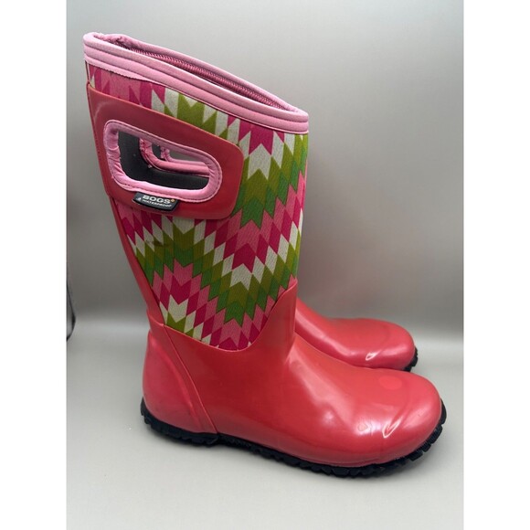 Bogs Rain Boots Kids Pink Green NH Native Pattern Waterproof 71841 YTH Size 4 - Picture 8 of 13